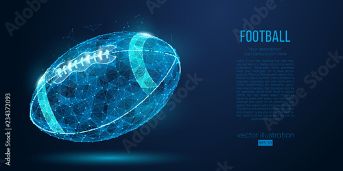 Abstract American football ball from particles, lines and triangles on blue background. Cyber technology rugby. All elements on a separate layers color can be changed in one click. Vector illustration