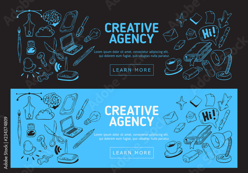 Creative Agency Office Web Banner Design With Artistic Cartoon Hand Drawn Sketchy Line Art Drawings Illustrations Of Essential Related Objects Of Every Day Working Things And Tools. Vector Graphic.	
