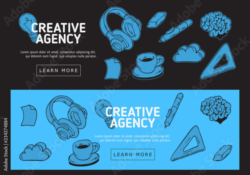 Creative Agency Office Web Banner Design With Artistic Cartoon Hand Drawn Sketchy Line Art Drawings Illustrations Of Essential Related Objects Of Every Day Working Things And Tools. Vector Graphic.	