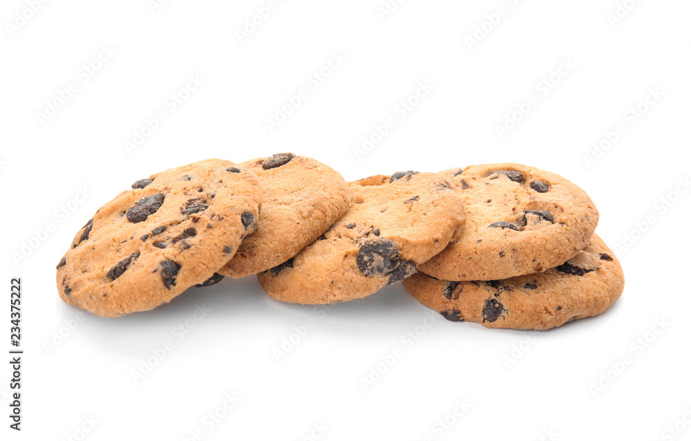 Pile of tasty chocolate chip cookies on white background Pile of tasty chocolate chip cookies on white background