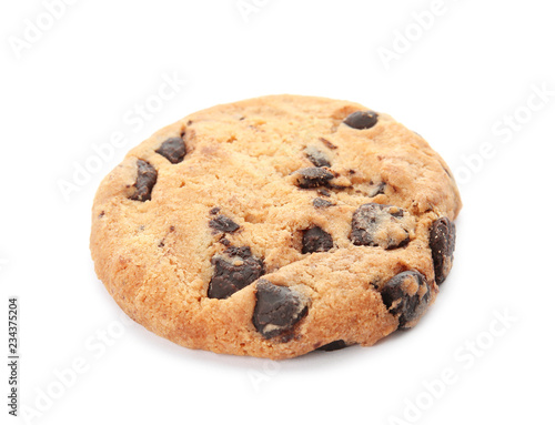 Tasty chocolate chip cookie on white background