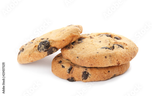 Tasty chocolate chip cookies on white background