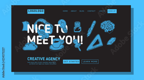 Creative Agency Office Landing Page Example Mockup Design For Web With Artistic Hand Drawn  Line Art Drawings Illustrations Of Essential Related Objects Of Every Day Working  Tools. Vector Graphic.	