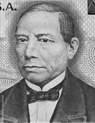 President Benito Juarez portrait on on Mexico 50 pesos (1981) banknote closeup macro, Mexican money close up. Black and white