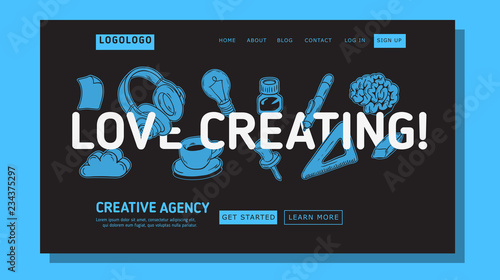 Creative Agency Office Landing Page Example Mockup Design For Web With Artistic Hand Drawn  Line Art Drawings Illustrations Of Essential Related Objects Of Every Day Working  Tools. Vector Graphic.	