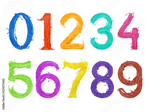 Numbers are made of splashes of multicolored paint on white background