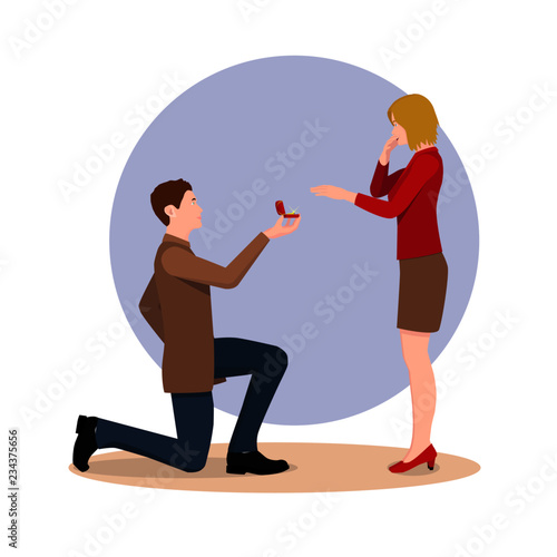 A man proposing to the girl standing on knee. The girl is surprised by the guy's proposal to get married.