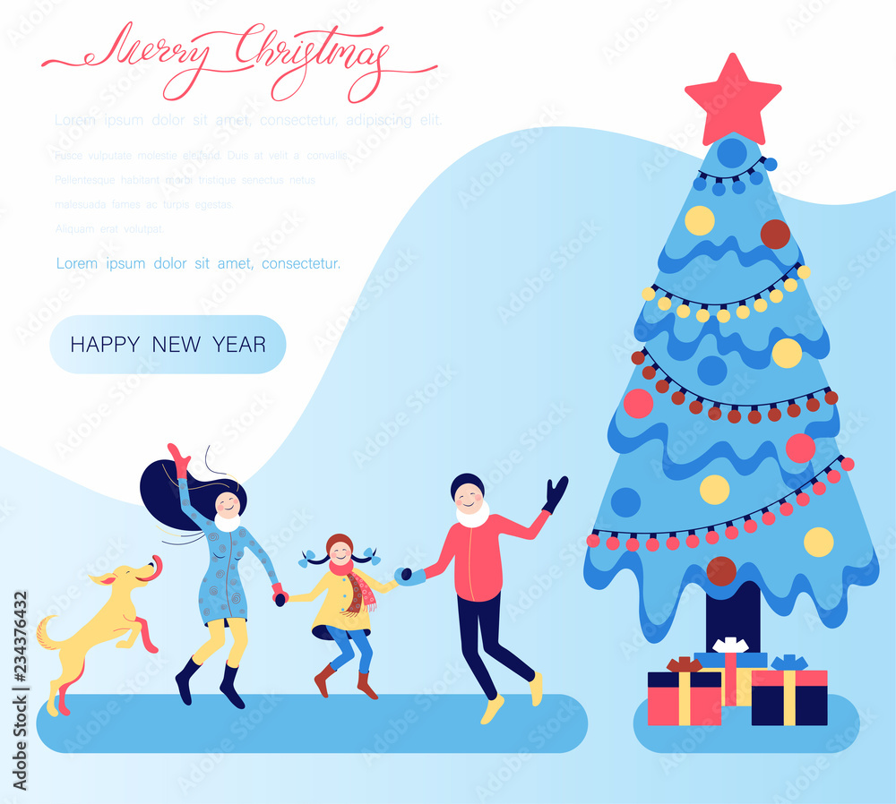 Merry Christmas and New Year festive poster with Christmas tree and happy family. Merry Christmas and New Year festive poster with Christmas tree and happy family.