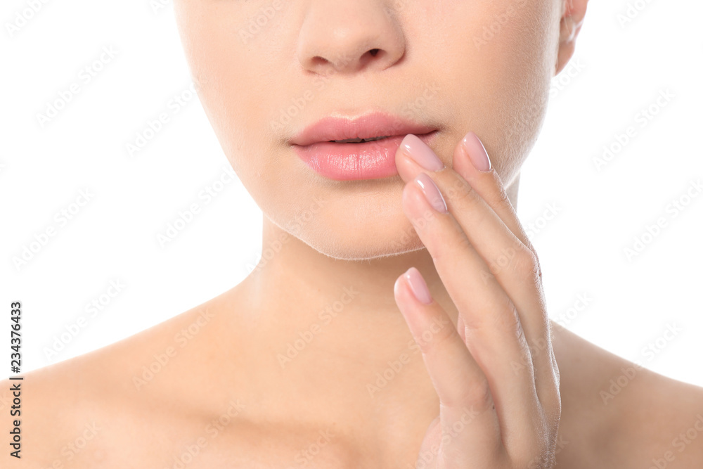 Closeup view of beautiful young woman on white background. Lips contouring, skin care and cosmetic surgery concept