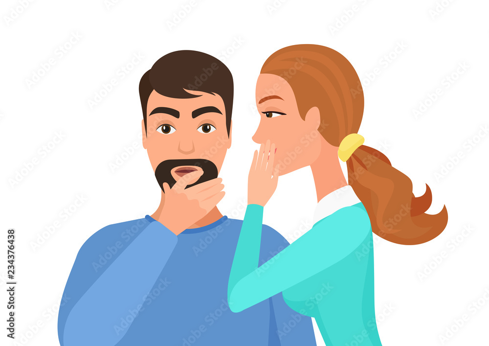 Woman whispering gossip or secret rumors to man. Gossiping secret people vector illustration. Woman whispering gossip or secret rumors to man. Gossiping secret people vector illustration.