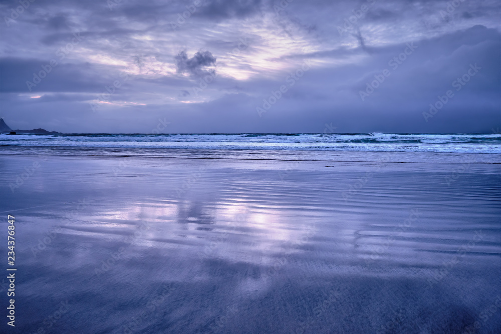 Skagsanden beach on sunset, Lofoten islands, Norway Skagsanden beach on sunset, Lofoten islands, Norway