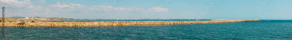 Panoramic Meia praia, Half beach, pier / harbour entrance, Lagos, Portugal