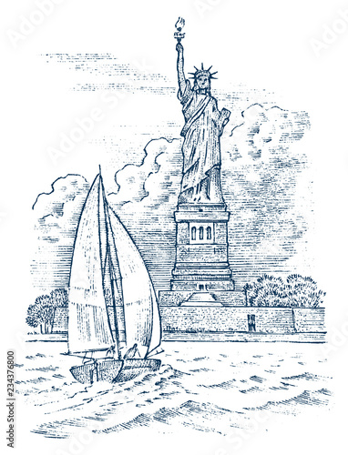 Sailboat in the sea on a background of the Statue of Liberty in New York, summer adventure, active vacation. Seagoing vessel, marine ship or nautical caravel. engraved hand drawn in vintage style.
