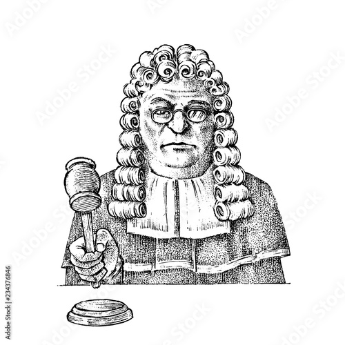 Judge man or magistrate with a hammer for justice. Court worker. Historical old sketch. Hand drawn Vintage illustration.