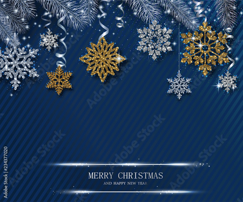Blue Merry Christmas and Happy New Year shiny card with snowflakes and fir branches.