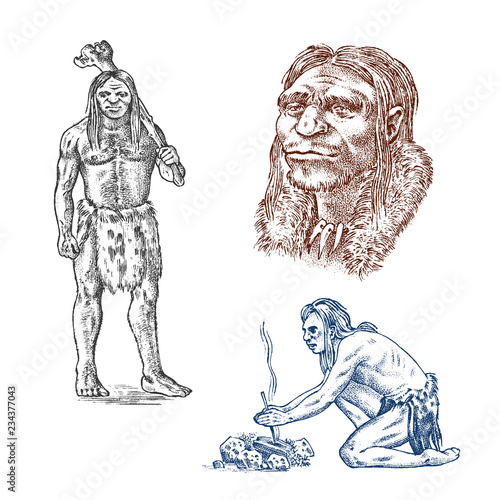 Primitive people. Prehistoric period, ancient tribe, cave barbarian man. Hand drawn sketch. Engraved monochrome illustration.