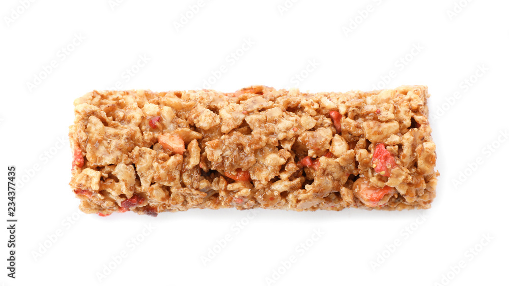Tasty protein bar on white background, top view Tasty protein bar on white background, top view