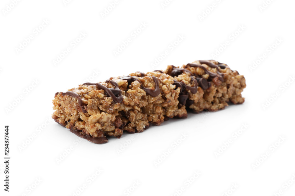 Tasty protein bar on white background. Healthy snack Tasty protein bar on white background. Healthy snack