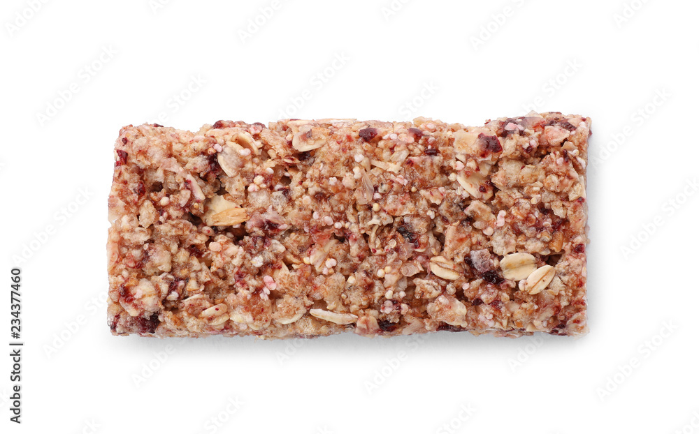 Tasty protein bar on white background, top view Tasty protein bar on white background, top view