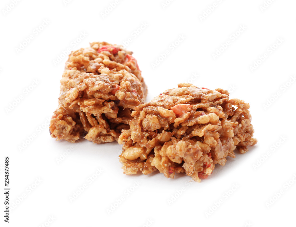 Pieces of tasty protein bar on white background Pieces of tasty protein bar on white background