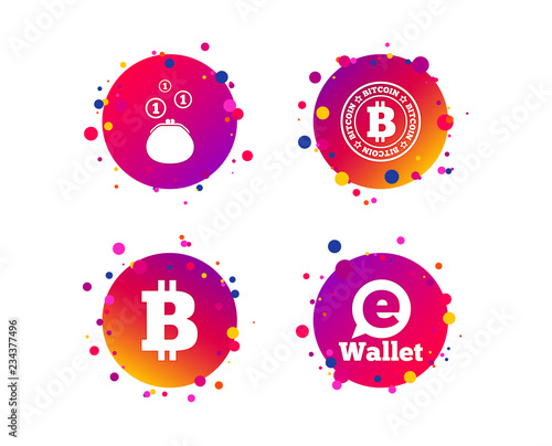 Bitcoin icons. Electronic wallet sign. Cash money symbol. Gradient circle buttons with icons. Random dots design. Vector