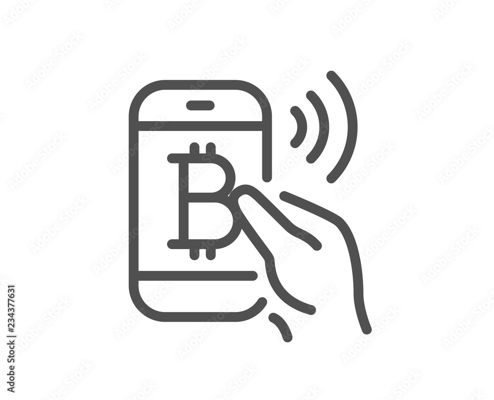 Bitcoin mobile pay line icon. Cryptocurrency sign. Crypto money symbol. Quality design flat app element. Editable stroke Bitcoin pay icon. Vector Bitcoin mobile pay line icon. Cryptocurrency sign. Crypto money symbol. Quality design flat app element. Editable stroke Bitcoin pay icon. Vector