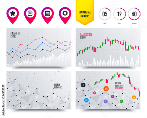Financial planning charts. Calendar and Star favorite icons. Checklist and cogwheel gear sign symbols. Cryptocurrency stock market graphs icons. Trendy design. Calendar vector