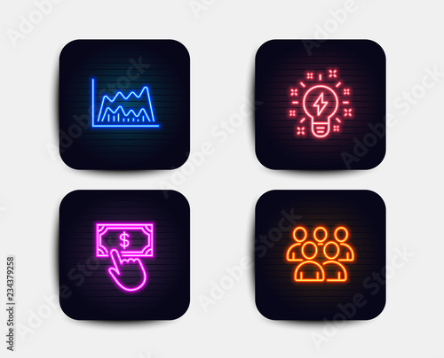 Neon set of Trade chart, Inspiration and Payment click icons. Group sign. Market data, Creativity, Financial transfer. Developers. Neon icons. Glowing light banners. Financial chart vector