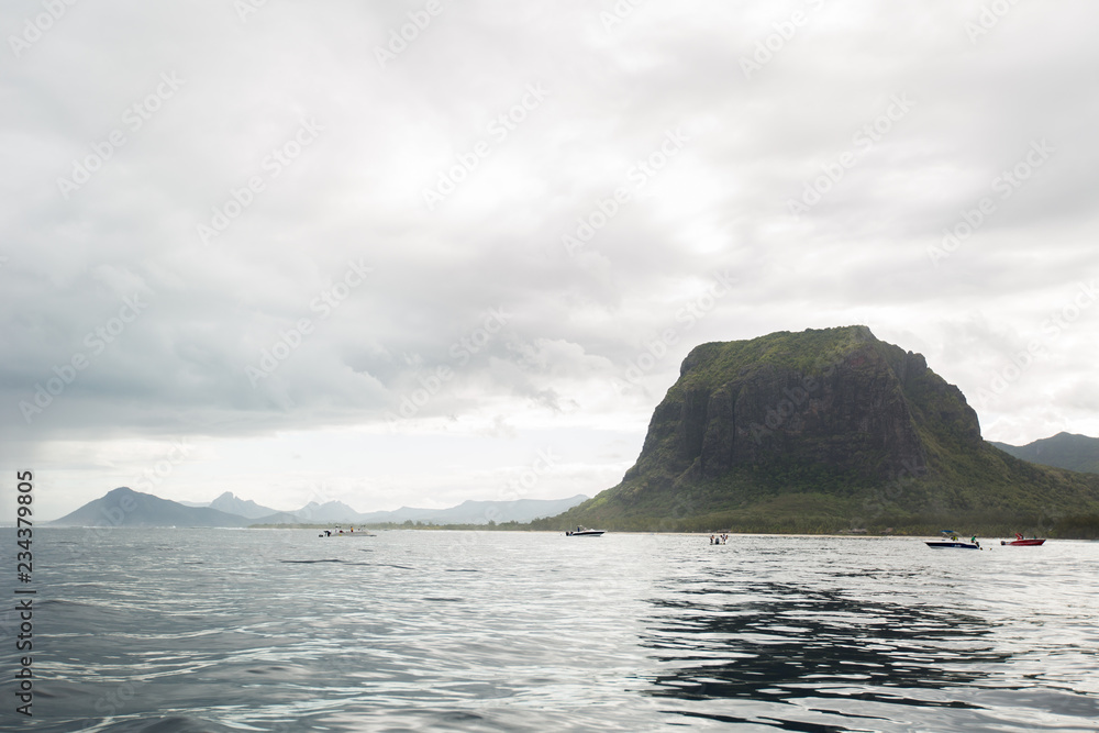 View of the mountain Le Morne from the ocean in Mauritius.