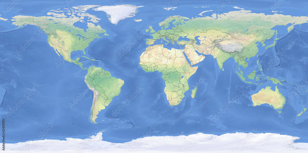 Fototapeta premium Fizyczna mapa świata z konturami - szczegółowa topografia w układzie współrzędnych geograficznych