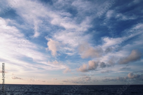 Full frame Sea view of the majestic vast expanse of blue sky with white clouds during morning