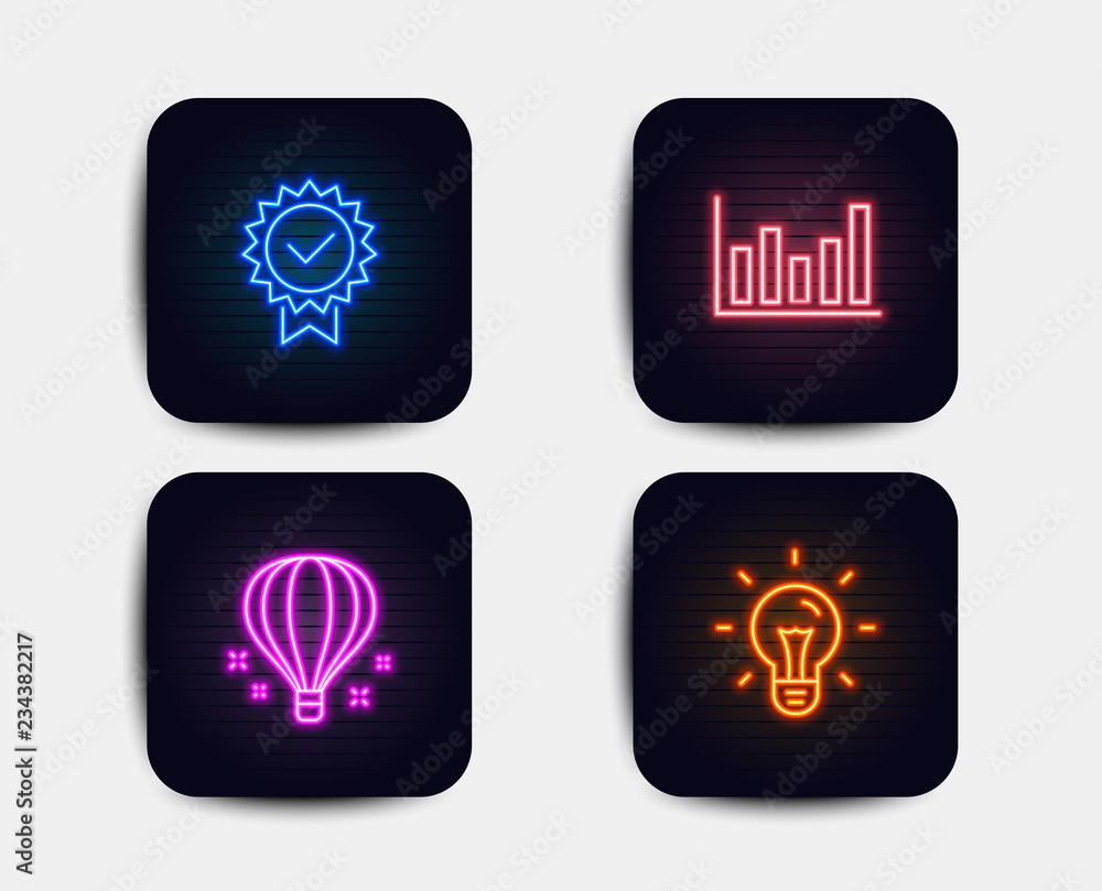 Neon set of Air balloon, Certificate and Column chart icons. Idea sign. Sky travelling, Verified award, Financial graph chart. Light bulb. Neon icons. Glowing light banners. Vector Neon set of Air balloon, Certificate and Column chart icons. Idea sign. Sky travelling, Verified award, Financial graph chart. Light bulb. Neon icons. Glowing light banners. Vector