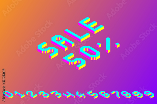 bold colorful isometric pixel 3d font. modern bright uppercase geometric alphabet numbers set. stock vector illustration clipart