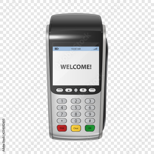 Vector Realistic Silver 3d Payment Machine. POS Terminal Closeup Isolated on Transparency Grid Background. Design Template of Bank Payment Terminal for Mockup. Processing NFC payments device. Top View