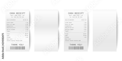 Vector Realistic 3d Paper Printed Sales Shop Receipt Set with Barcode Closeup Isolated on White Background. Design Template of Bill ATM, Receipt Records, Paper Financial Check for Mockup. Top View photo