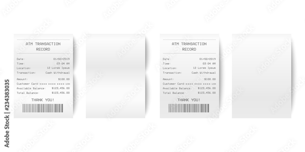 Vector Realistic 3d Paper Printed ATM Transaction Record Receipt Set ...