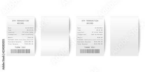 Vector Realistic 3d Paper Printed ATM Transaction Record Receipt Set Closeup Isolated on White Background. Design Template of Bill ATM, Receipt Records, Paper Financial Check for Mockup. Top View