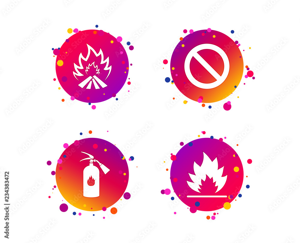 Fire flame icons. Fire extinguisher sign. Prohibition stop symbol. Gradient circle buttons with icons. Random dots design. Vector Fire flame icons. Fire extinguisher sign. Prohibition stop symbol. Gradient circle buttons with icons. Random dots design. Vector