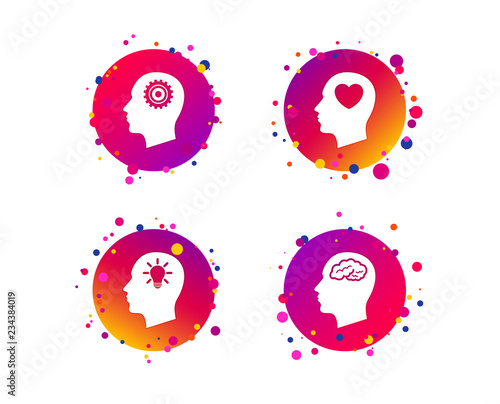 Head with brain and idea lamp bulb icons. Male human think symbols. Cogwheel gears signs. Love heart. Gradient circle buttons with icons. Random dots design. Vector