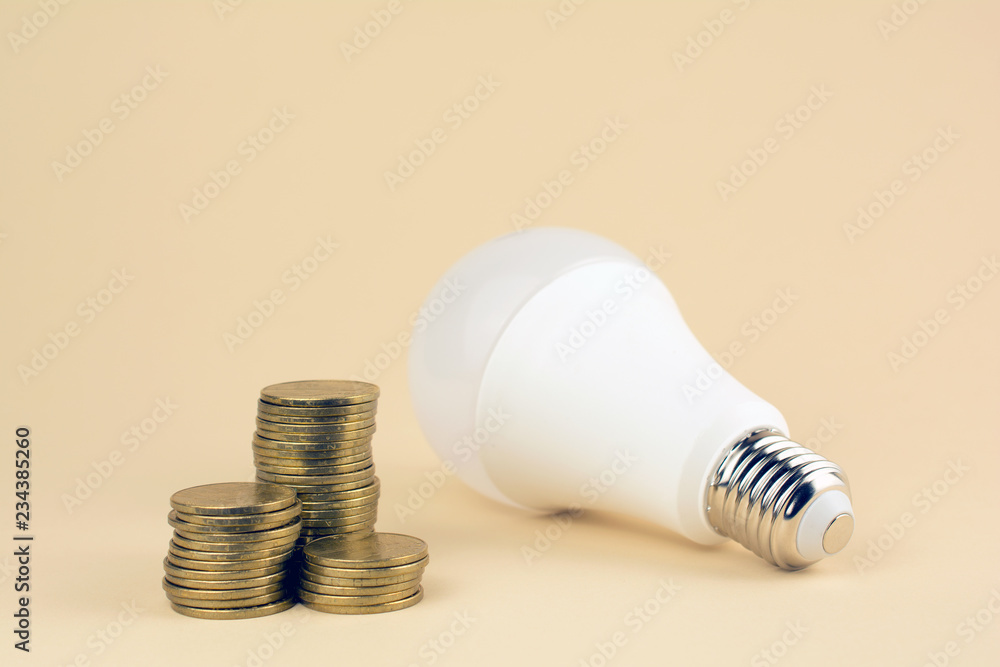 energy saving lamp and coins. energy bill , energy efficiency concept energy saving lamp and coins. energy bill , energy efficiency concept