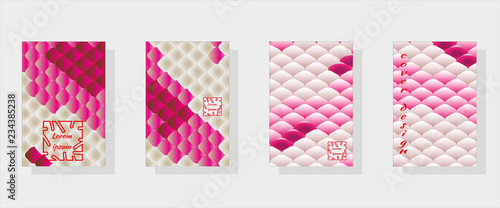 Set of fashionable modern design templates for covers. National oriental pattern, multi-colored fish scales of carp Koi. Vector illustration.
