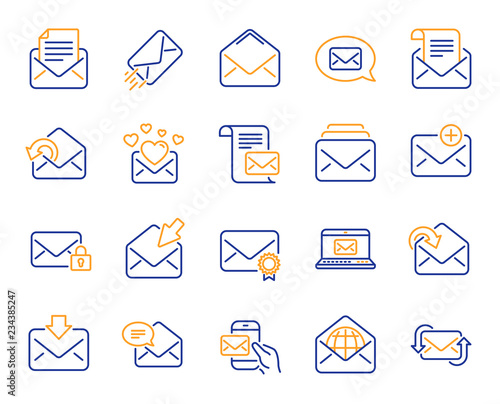 Mail message line icons. Newsletter, Email document, Correspondence icons. Received mail, Secure message and Web letter. Post office newsletter, Send email document, private communication. Vector