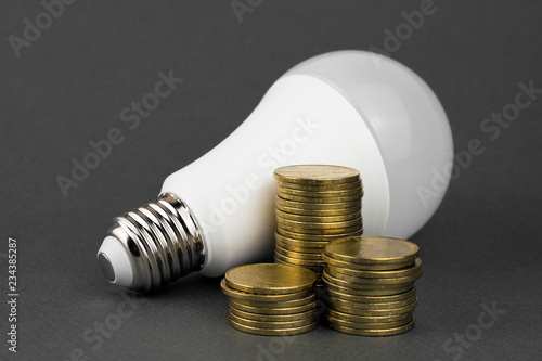 energy saving lamp and coins on gray background. how to save electricity reduces energy costs concept