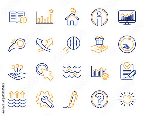 Waves, sun, efficacy line icons. Customisation, Global warming, Question mark icons. Signature Rfp, Information, Efficacy. Waves, Consolidation, Operational excellence. Question mark, whistle. Vector photo