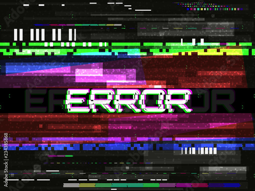 Glitch error template. Video problem concept. Color pixels and lines. Glitched elements and noise on dark background. No signal design. Game glitch. Vector illustration