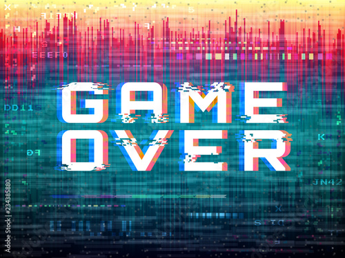 Game over text. Video game glitch. Color distortions and pixel noise. Digital error template. Retro vhs effect. Abstract bright design. Analog backdrop. Modern vector illustration