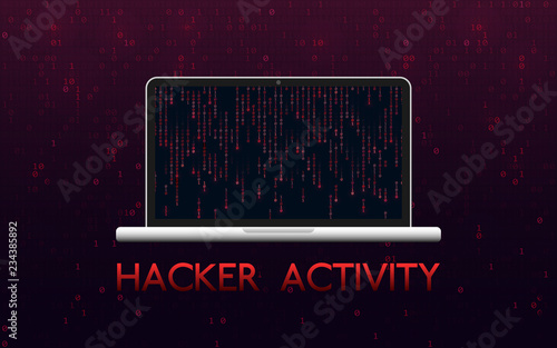 Hacker activity concept. Hacked laptop on red binary background. Malware design with matrix backdrop. Mining of cryptocurrency. Hacker attack and internet crime. Vector illustration