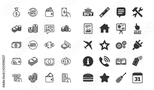Money line icons. Set of Banking, Wallet and Coins signs. Credit card, Currency exchange and Cashback money service. Euro and Dollar symbols. Information, calendar and call phone icons. Vector