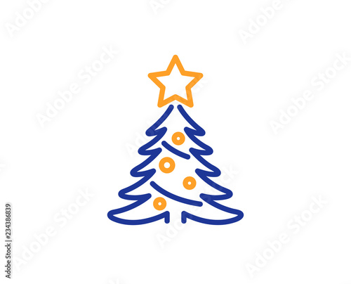 Christmas tree present line icon. New year spruce sign. Fir-tree symbol. Colorful outline concept. Blue and orange thin line color icon. Christmas tree Vector