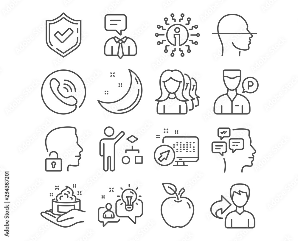 Set of Skin care, Unlock system and Idea icons. Valet servant, Women headhunting and Algorithm signs. Messages, Face scanning and Support service symbols. Hand skin cream, Access granted. Vector Set of Skin care, Unlock system and Idea icons. Valet servant, Women headhunting and Algorithm signs. Messages, Face scanning and Support service symbols. Hand skin cream, Access granted. Vector